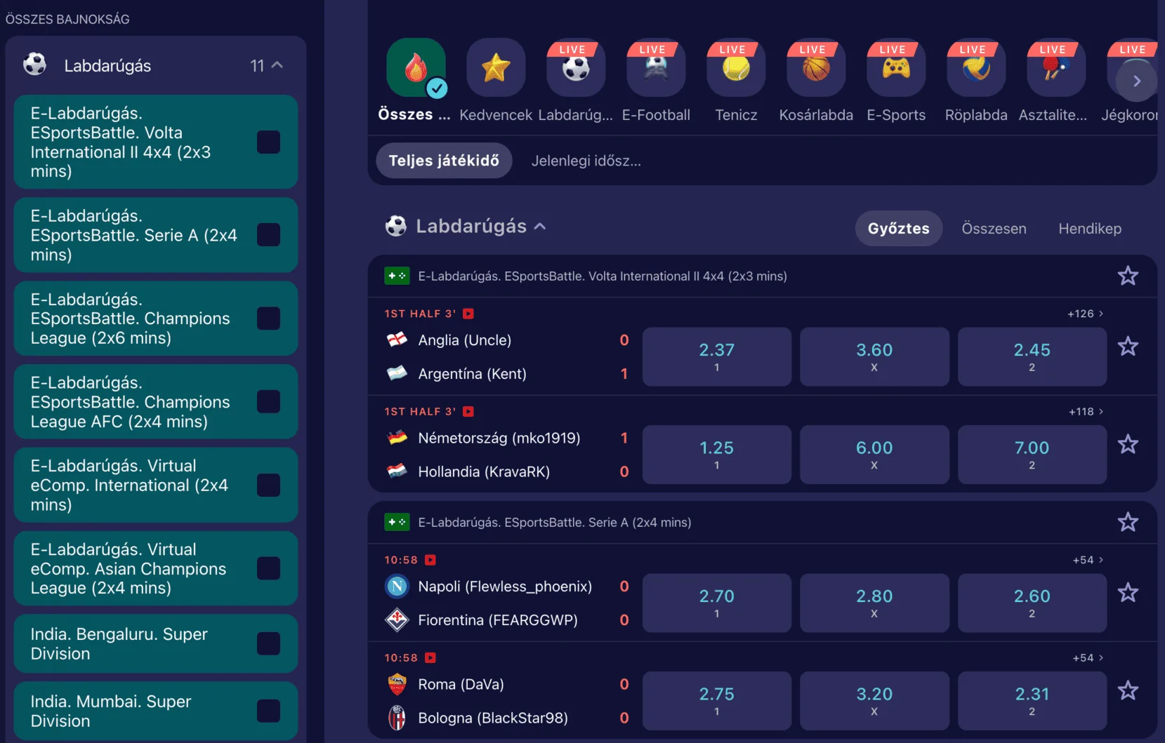 Betmatch sportfogadás felület 25+ sportággal és élő oddsokkal